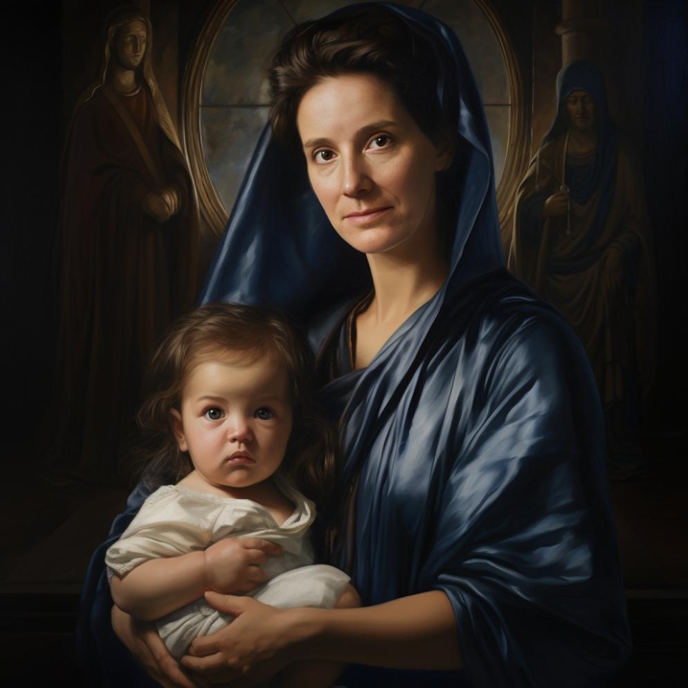 AI Maria — AI-portret 01: kunstenaar als Maria met kind, donkere mantel