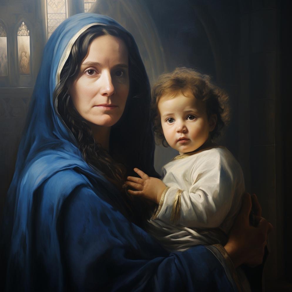 AI Maria — AI-portret 02: kunstenaar als Maria met kind, blauwe sluier in kerkruimte