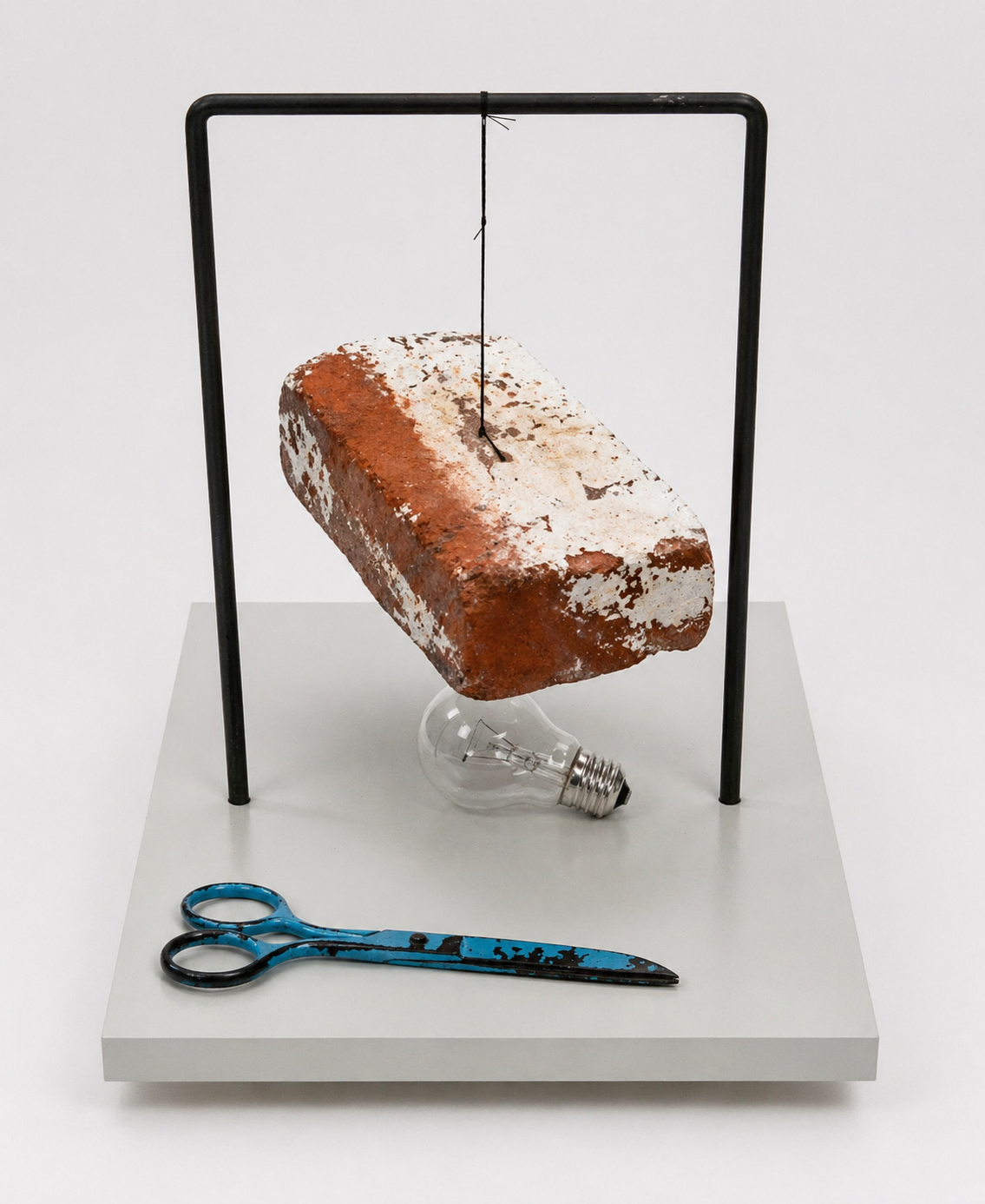 (Don’t) Do It — paneel met opgehangen baksteen boven gloeilamp, schaar op sokkel