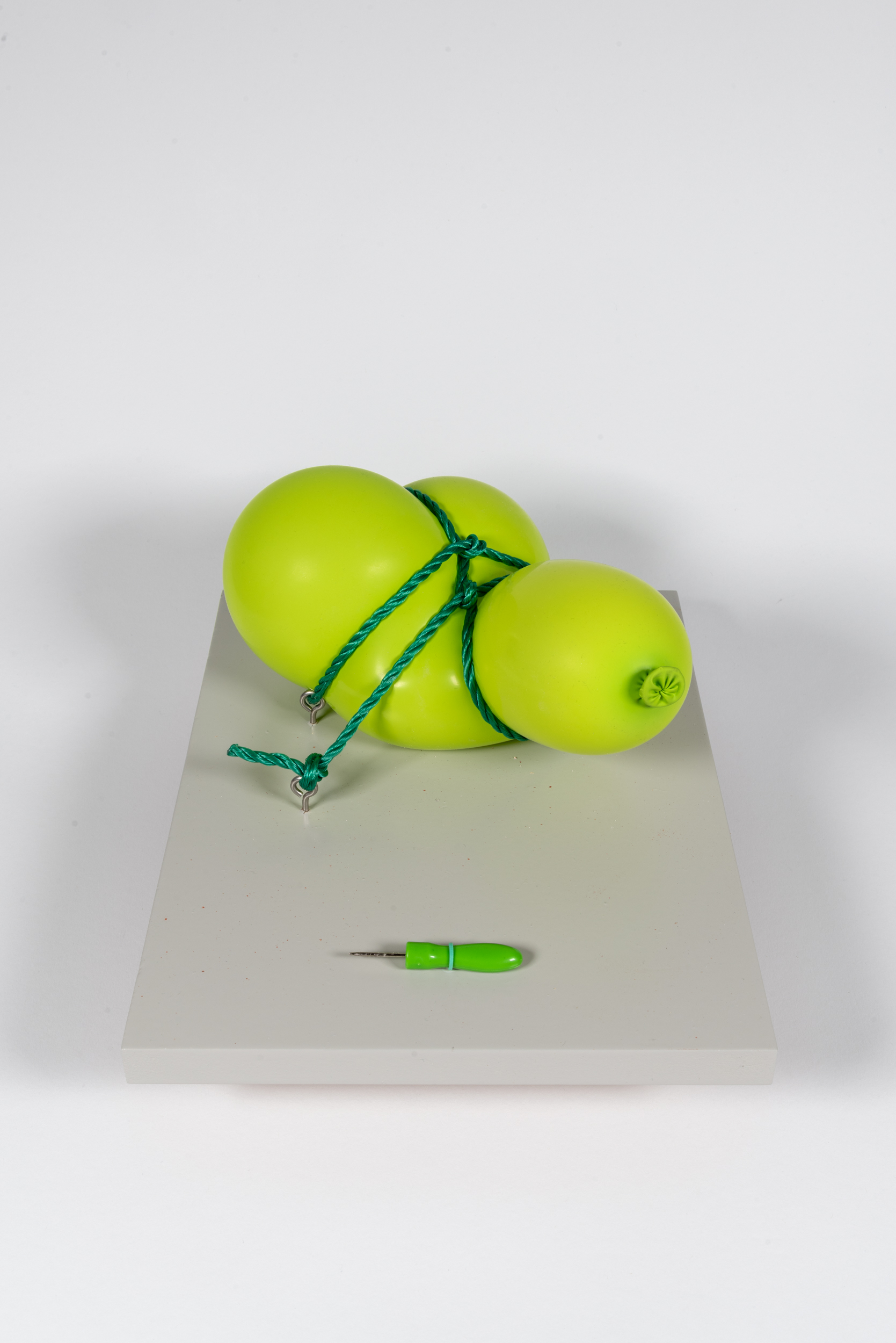 (Don’t) Do It — paneel met groene ballonnen gebonden aan touwen, prikker ernaast