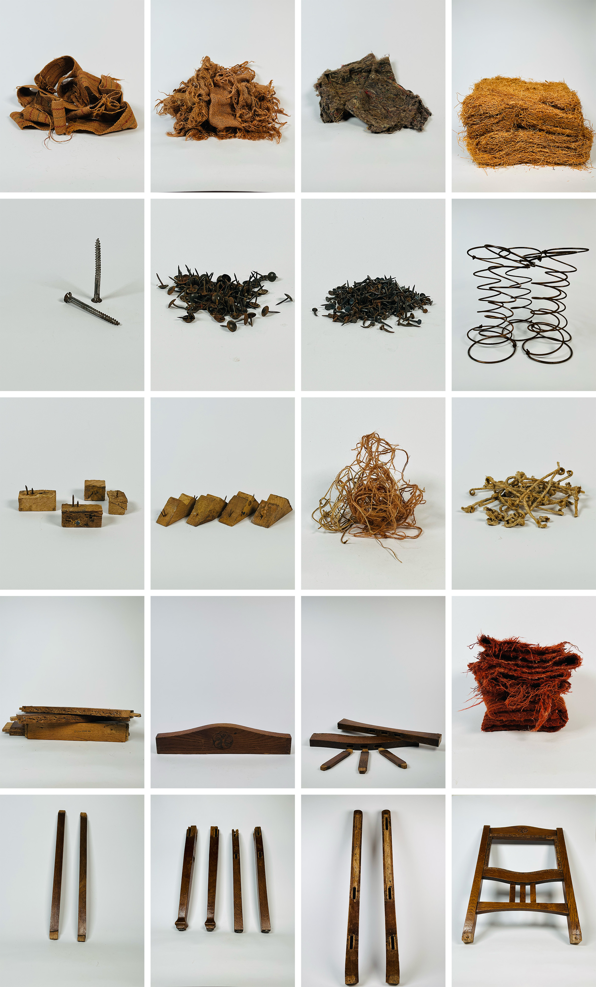Onderdelen van de gedemonteerde stoel — typologie-foto, 5×4 raster: bekleding, schroeven, veren, hout, poten